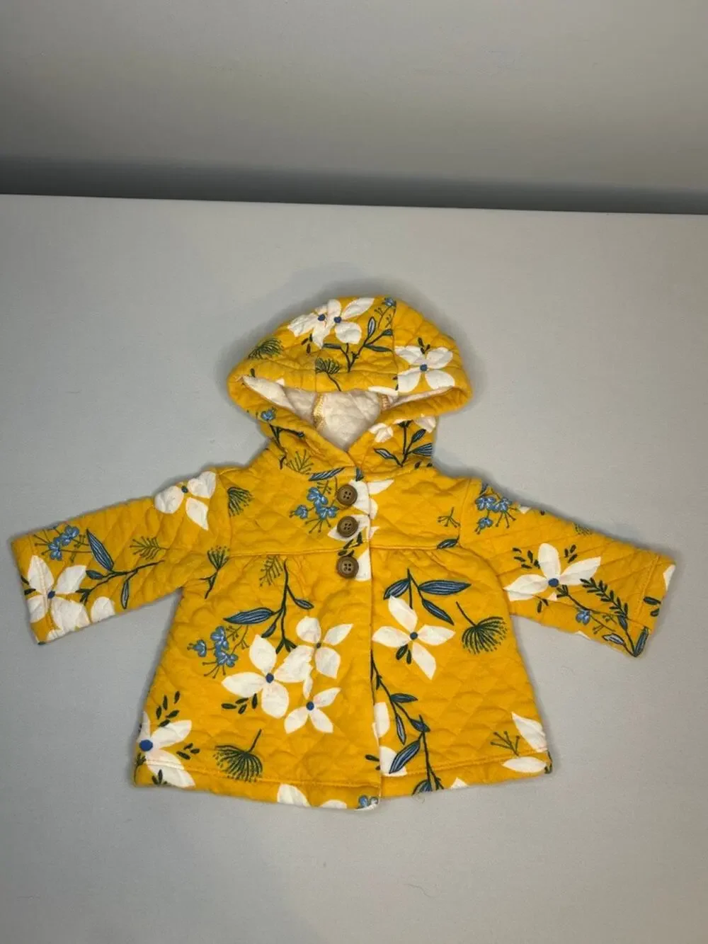 Carter’s Baby Girl 3M Yellow Floral Quilted Hooded Jacket Cotton Blend Coat